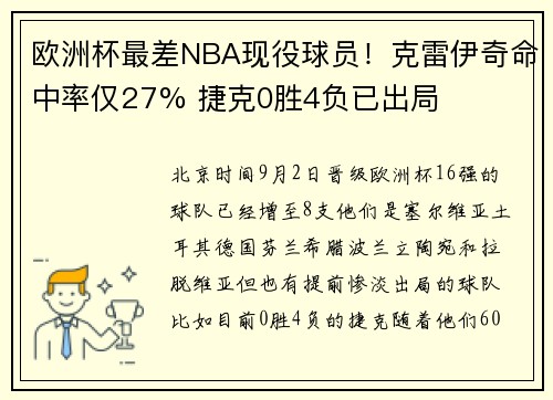 欧洲杯最差NBA现役球员！克雷伊奇命中率仅27% 捷克0胜4负已出局